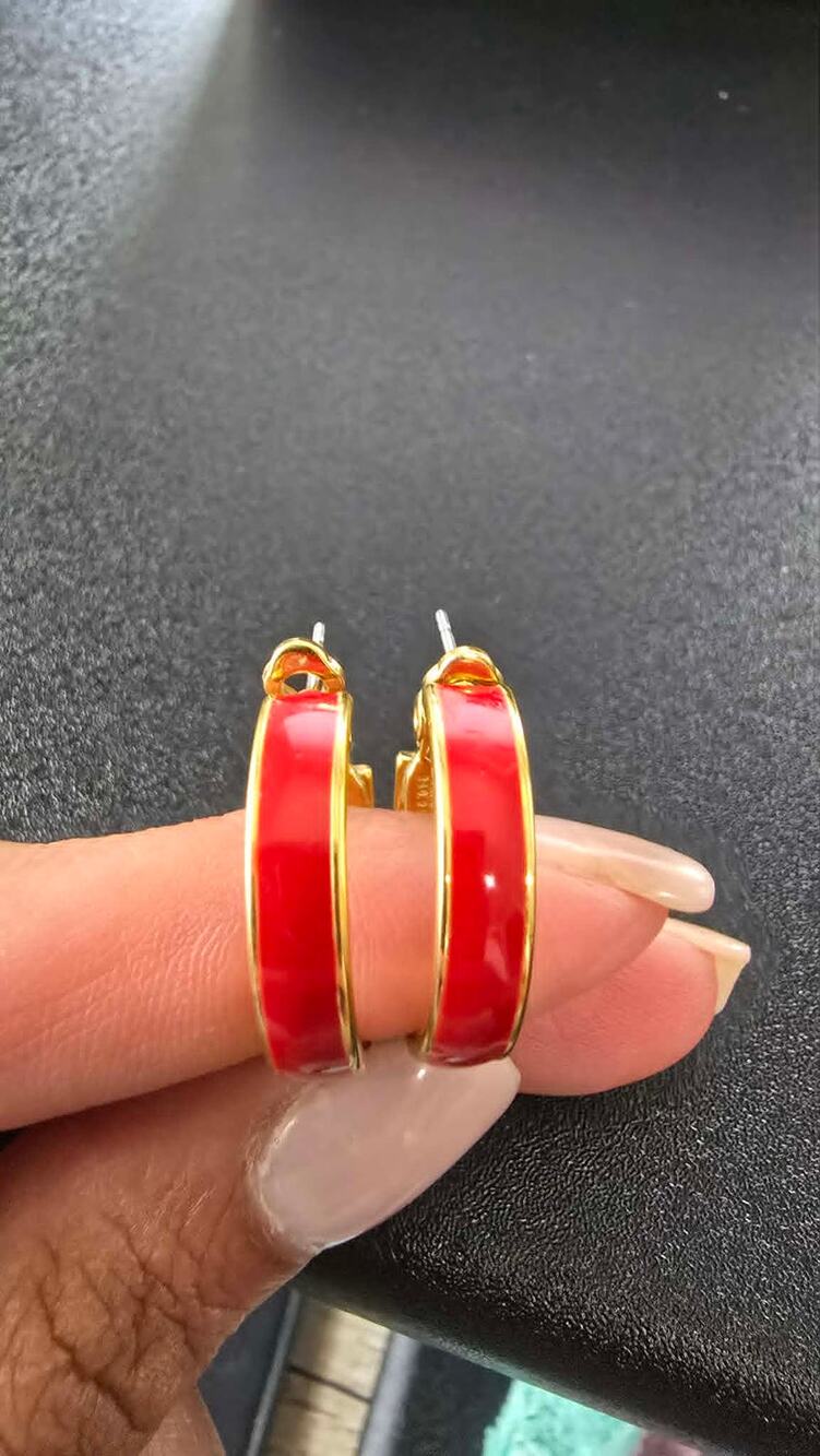 Vintage Monet red enamel gold tone hoop earrings pat 249252